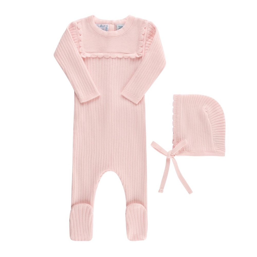 Feldman Brothers Scalloped Trim Ribbed Knit Romper and Bonnet